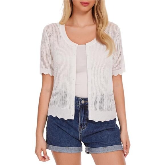 Women's Short Sleeve Summer Hollow Out Crew Neck Button Down Cardigan Sweater - Picture 7 of 7